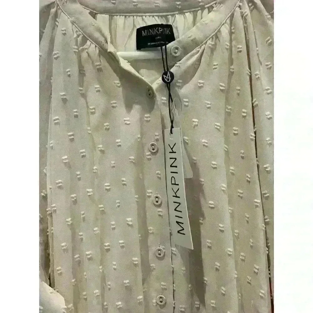 NWT! MINKPINK Cream Womens Large Dress Puff Sleeve Buttons Mini Pheasant - Picture 3 of 3